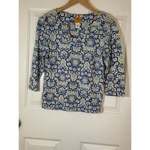 Ruby Red Blue Tan Cottage Boho Top Medium 95% Algodon cotton 3/4 Sleeve Spring